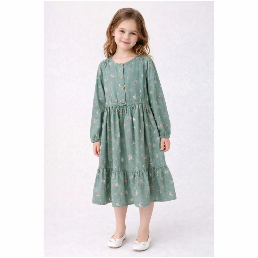 OshKosh Girls Floral Prairie Dress Size 8 Green Boho‎ Cottagecore